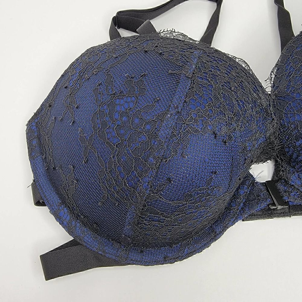 Victorias Secret Push Up Cutout Strappy Lace Blue Black 32 DD - Picture 8 of 13